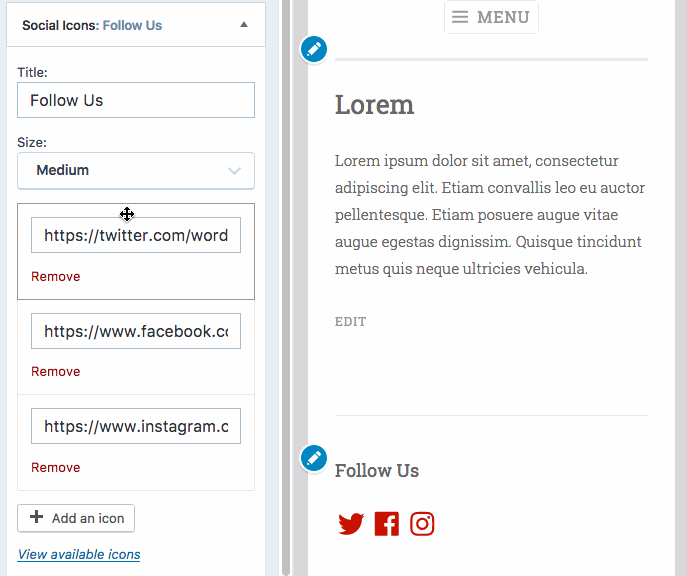 Drag and drop social icons